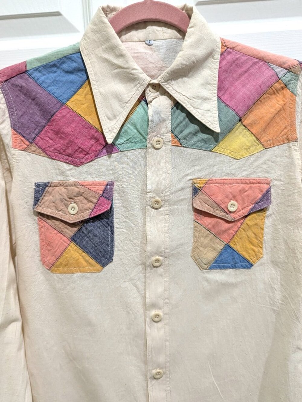 Women's Cream Casual Button-Down Shirt with Multicolor Patchwork - Picture 3 of 8